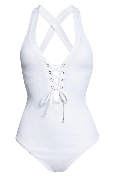 Shop Becca Modern Edge Plunge Lace-up Ribbed One-piece Swimsuit In White