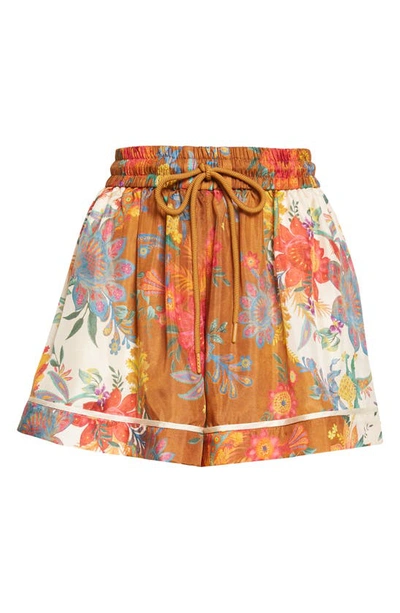 Shop Zimmermann Ginger Floral Relaxed Fit Silk Shorts In Cream/ Brown Floral