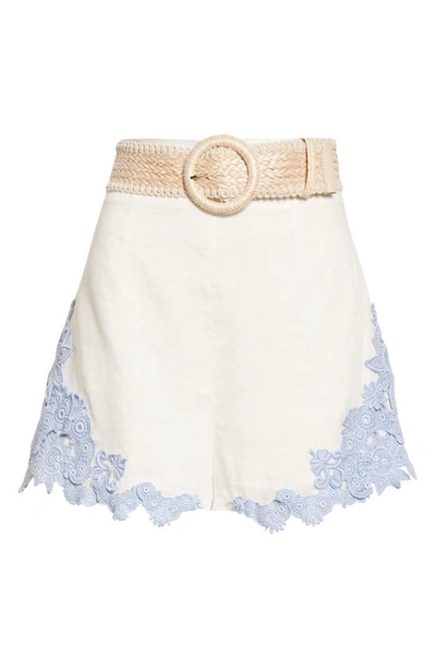 Shop Zimmermann Raie Crochet Trim Linen Shorts In Ivory/ Blue