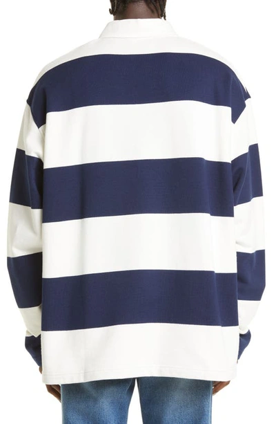 Shop Ami Alexandre Mattiussi Rugby Stripe Long Sleeve Cotton Polo In Natural White/ Nautic Blue