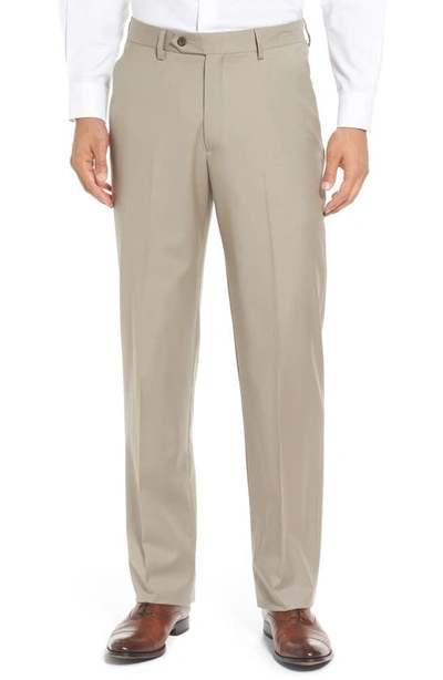 Shop Berle Flat Front Solid Wool Trousers In Tan