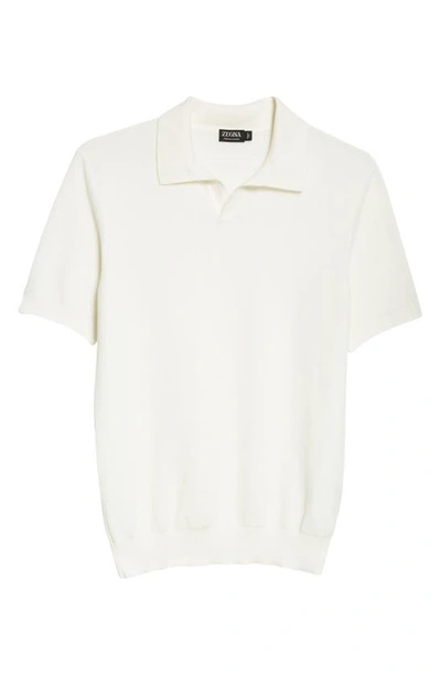 Shop Zegna Waffle Knit Premium Cotton Polo Sweater In White