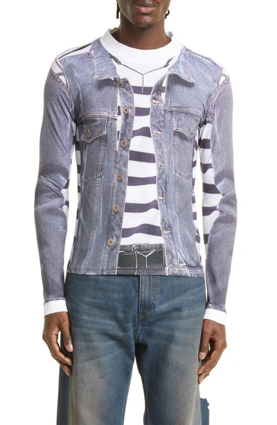 Shop Y/project X Jean-paul Gaultier Trompe L'oeil Denim Jacket Top In Blue/ White