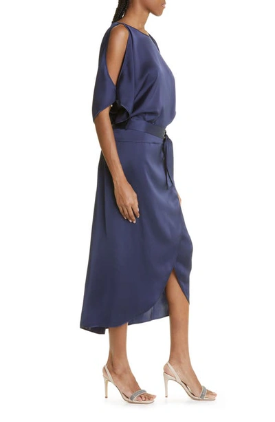 Shop Eleventy Cold Shoulder Satin Shift Dress In 11 - Blue
