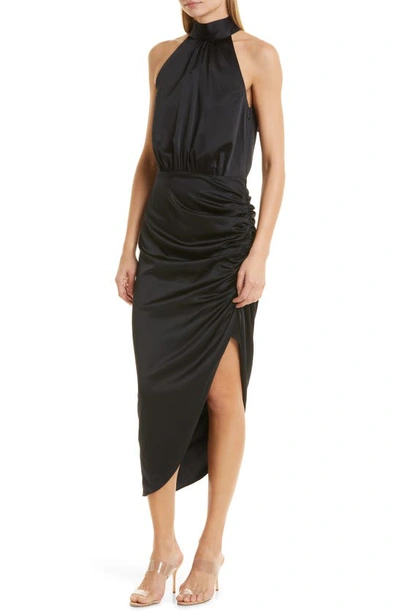 Shop Veronica Beard Gabriella Ruched Stretch Silk Halter Dress In Black