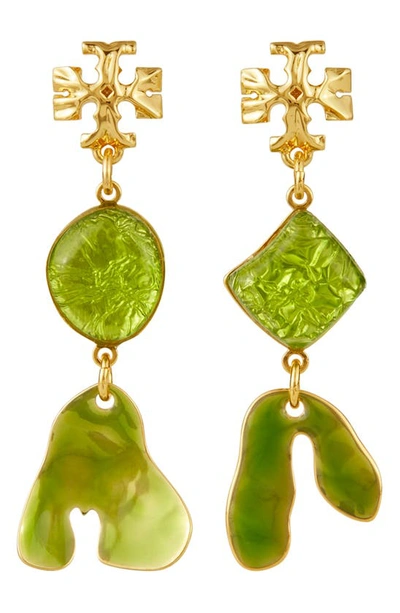 Shop Tory Burch Roxanne Double Drop Earrings In Gold / Green
