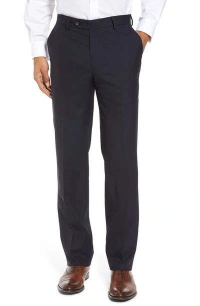 Shop Berle Flat Front Stretch Solid Wool Trousers In Navy