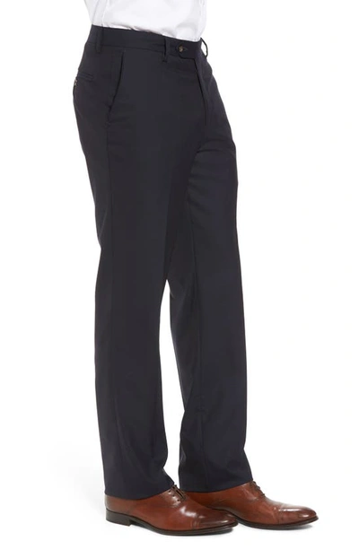 Shop Berle Flat Front Stretch Solid Wool Trousers In Navy