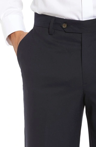 Shop Berle Flat Front Stretch Solid Wool Trousers In Navy