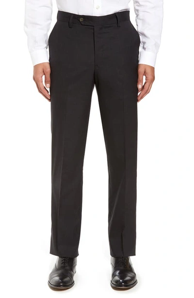 Shop Berle Flat Front Stretch Solid Wool Trousers In Charcoal