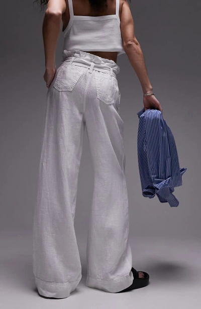 Shop Topshop Paperbag Waist Linen Wide Leg Trousers In White