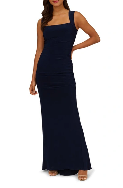 Shop Adrianna Papell Square Neck Ruched Gown In Midnight