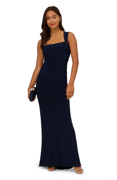 Shop Adrianna Papell Square Neck Ruched Gown In Midnight