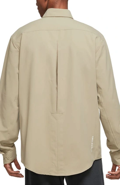 Shop Nike Dri-fit Acg Uv Devastation Performance Button-up Trail Shirt In Neutral Olive/ Summit White