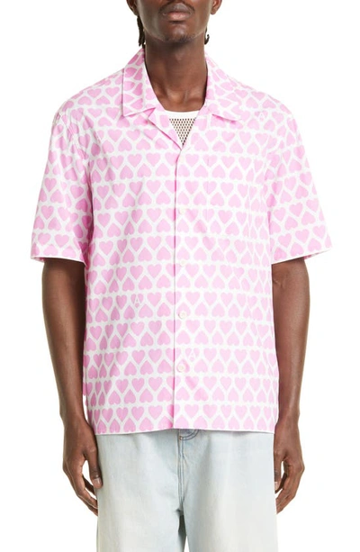 Shop Ami Alexandre Mattiussi Hearts Print Organic Cotton Short Sleeve Button-up Camp Shirt In Candy Pink/ Natural White/ 662