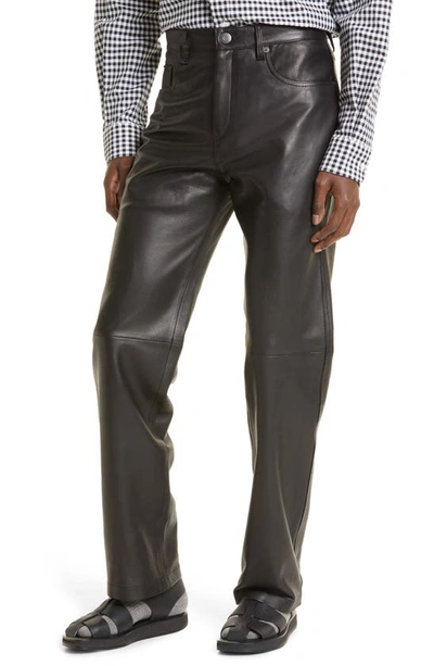 Shop Ami Alexandre Mattiussi Straight Fit Lambskin Leather Pants In Wool Viscose Canvas Black