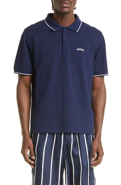 Shop Ami Alexandre Mattiussi Tipped Stripe Logo Embroidered Cotton Polo In Nautic Blue/ 491