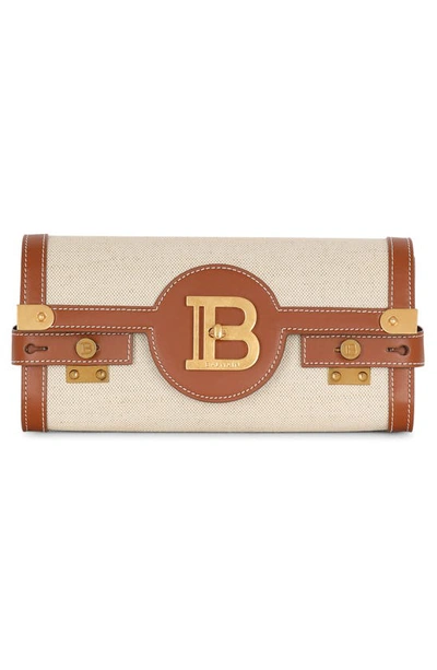 Shop Balmain B-buzz 23 Canvas & Leather Clutch In Gem Natural/ Brown