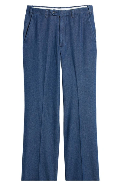 Shop Berle Pleated Self Sizer Waist Flat Front Denim Trousers In Navy