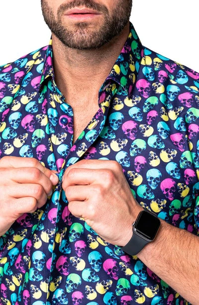 Shop Maceoo Galileo Skull Regular Fit Short Sleeve Button-up Shirt In Purple Multi