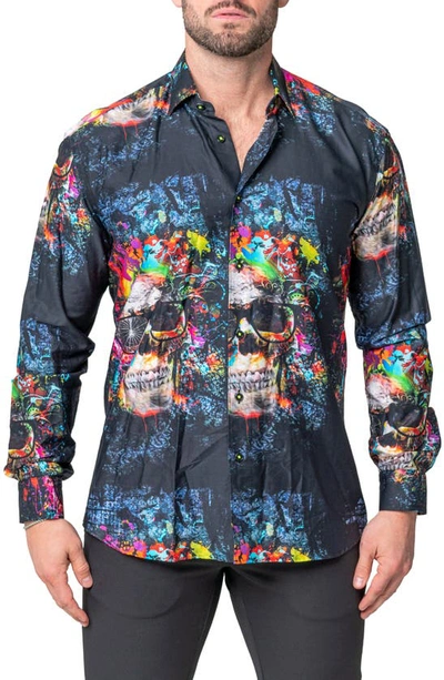 Shop Maceoo Fibonacci Skull Regular Fit Cotton Blend Button-up Shirt In Blue