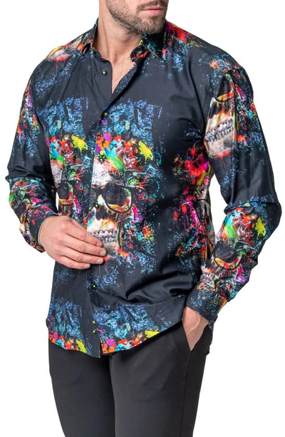 Maceoo Fibonacci Skull Regular Fit Cotton Blend Button-up Shirt In Blue