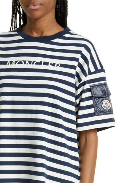 Shop Moncler Stripe Cotton Jersey T-shirt Dress In Blue/ White Multi