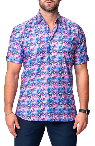 Shop Maceoo Galileo Flower Skull Regular Fit Short Sleeve Button-up Shirt In Pink