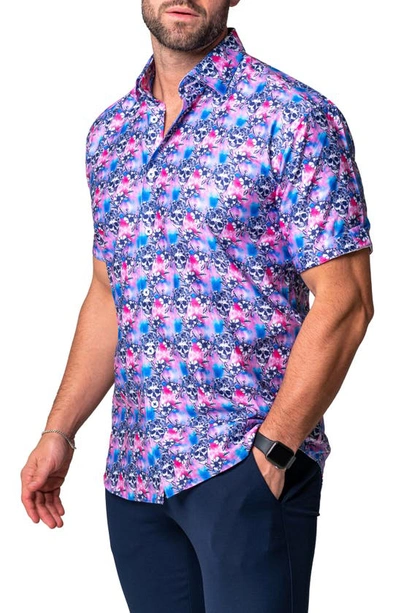 Shop Maceoo Galileo Flower Skull Regular Fit Short Sleeve Button-up Shirt In Pink