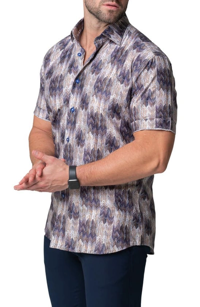 Maceoo Galileo Puddle Brown Stretch Short Sleeve Button-up Shirt In Brown
