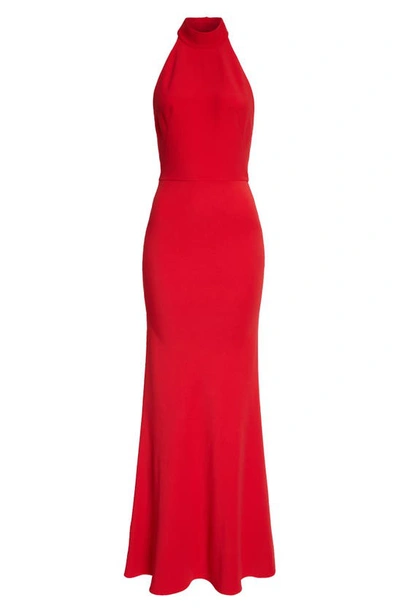 Shop Alexander Mcqueen Halter Neck Leaf Crepe Maxi Dress In Lust Red