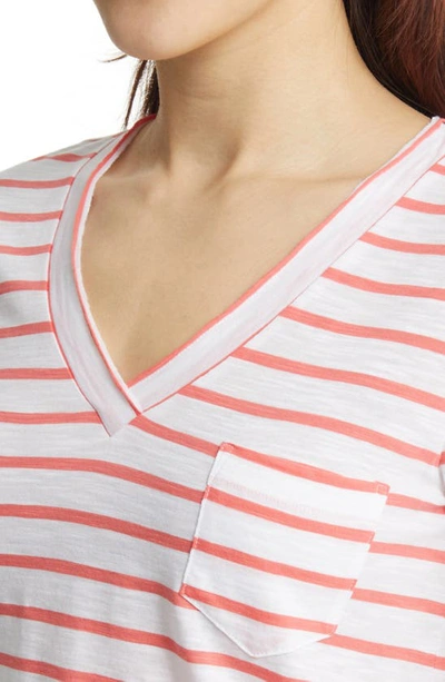 Shop Caslon V-neck Short Sleeve Pocket T-shirt In White-coral Josephine Stripe
