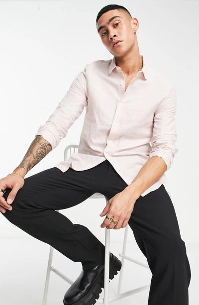 Shop Asos Design Wedding Smart Fit Linen & Cotton Button-up Shirt In Light Pink