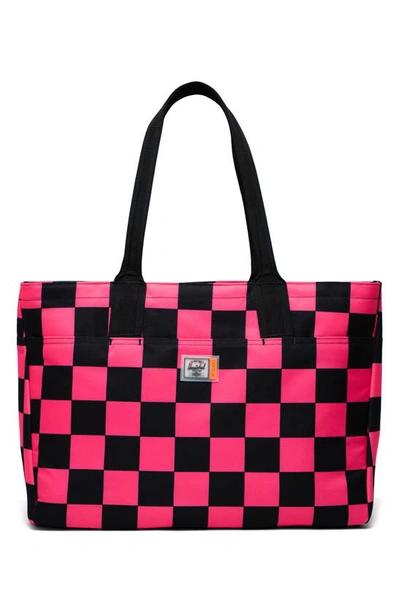 Shop Herschel Supply Co Alexander Insulated Recycled Polyester Zip Tote And Bottle Holder In Large Check Neon Pink/ Black