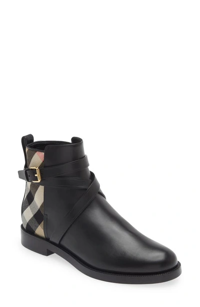 Shop Burberry Pryle House Check Bootie In Black/ Archive Beige