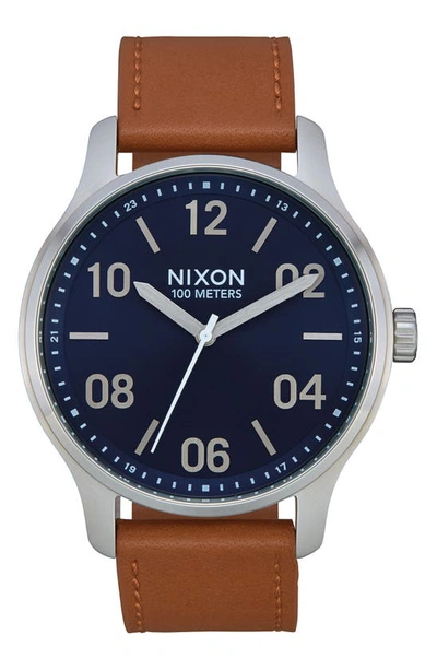Shop Nixon Patrol Leather Strap Watch, 42mm In Brown/ Navy/ Silver