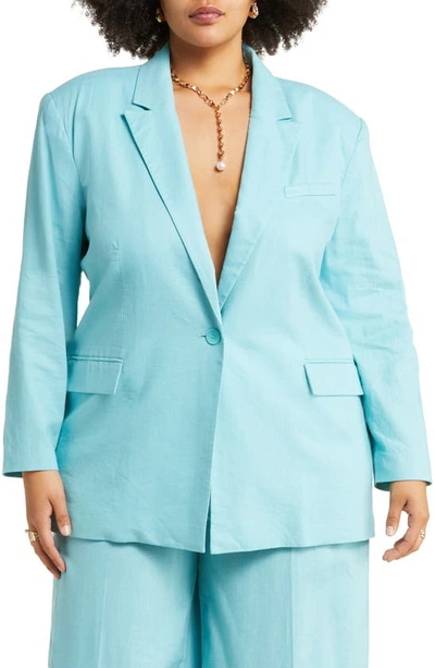 Open Edit Oversize Linen Blend Blazer In Teal Shore