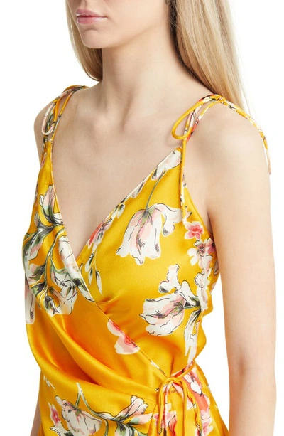 Shop Astr Floral Satin Wrap Dress In Yellow Floral