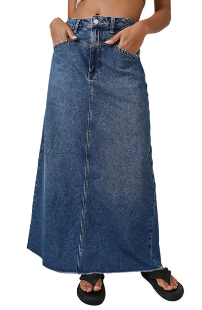 Shop Free People Come As You Are Fray Hem Denim Maxi Skirt In Dark Indigo