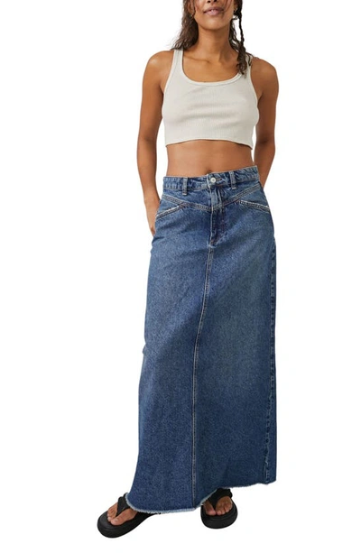 Shop Free People Come As You Are Fray Hem Denim Maxi Skirt In Dark Indigo