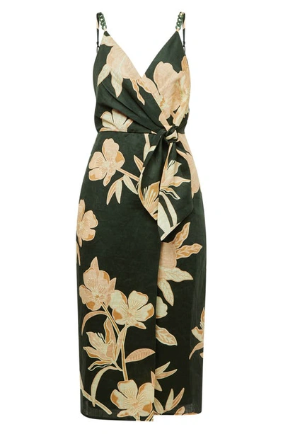 Shop Reiss Alice Floral Linen Faux Wrap Dress In Khaki