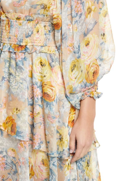 Shop Elliatt Astrid Floral Print Smocked Long Sleeve Dress In Beige Multi