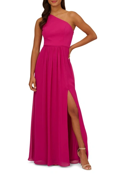 Shop Adrianna Papell One-shoulder Crepe Chiffon Gown In Bright Magenta