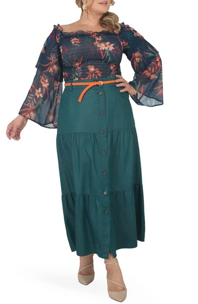 Standards & Practices Denim Maxi Peasant Skirt In Olive