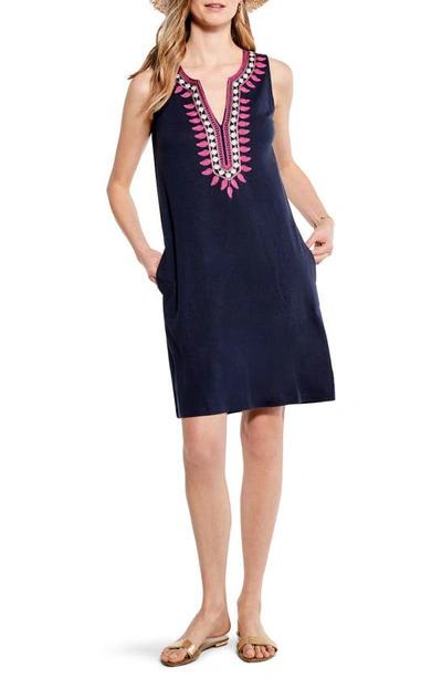 Shop Nic + Zoe Retreat Embroidered Sleeveless Dress In Indigo Multi