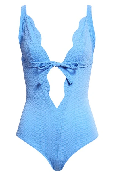 Shop Lisa Marie Fernandez Scallop Bow Cutout Seersucker One-piece Swimsuit In Azure Seersucker