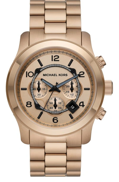 Shop Michael Kors Runway Chronograph Bracelet Watch, 45mm In Beige Gold