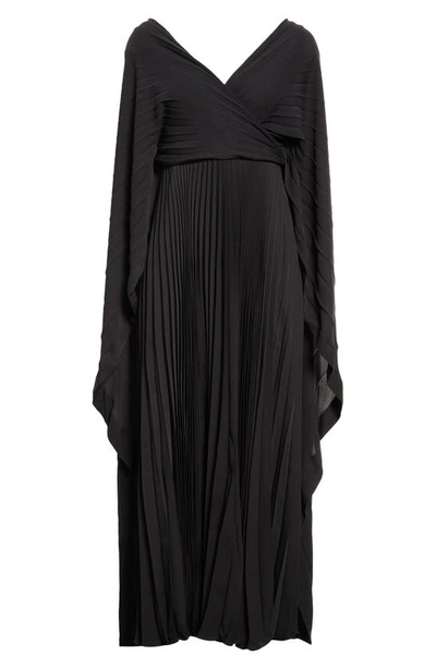 Shop Valentino Cape Effect Long Sleeve Pleated Silk Maxi Dress In 0no-nero