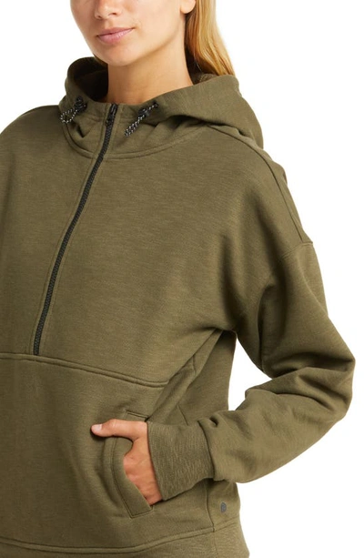 Zella Explore Half Zip Terry Hoodie In Olive Night