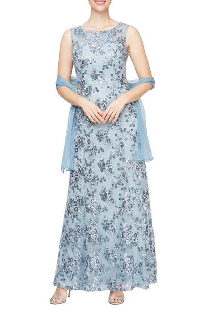 Shop Alex Evenings Floral Embroidered Evening Gown With Wrap In Vintage Blue